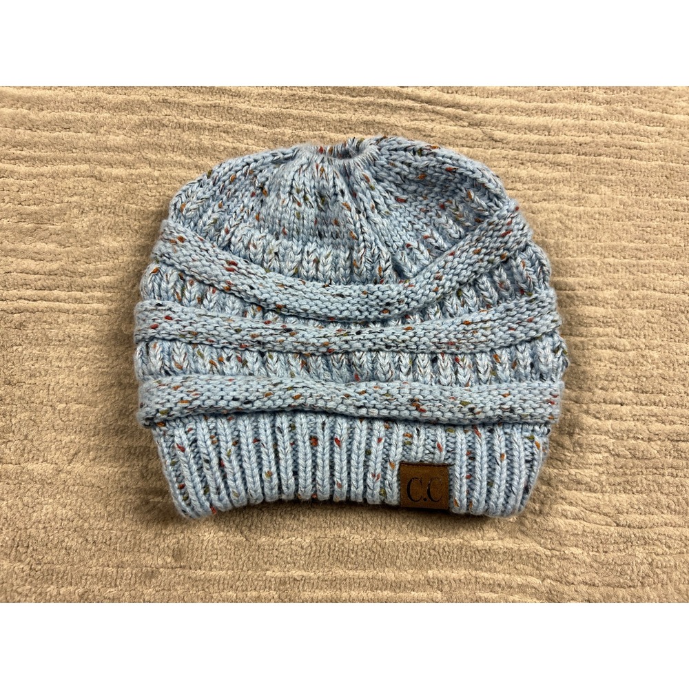 C.C Beanie Womens OS Blue Confetti Messy Bun Ponytail Cable Knit Hat Beanie